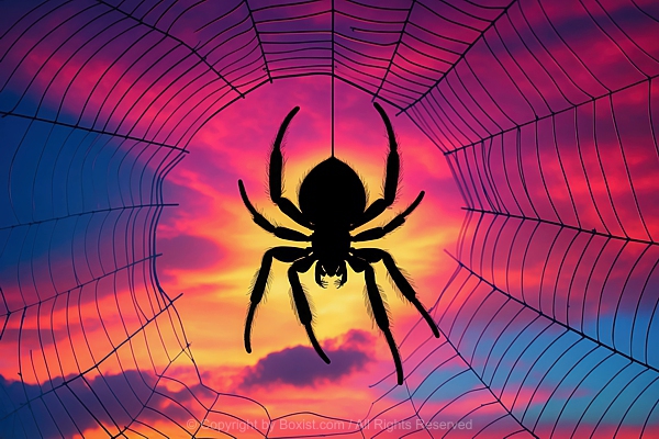 Spider Silhouette Hanging From Web Against Sunset Clouds Background