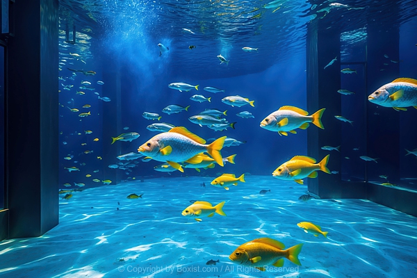 Vibrant Underwater Scene In Large Aquarium Filled With Various Species Of Fish