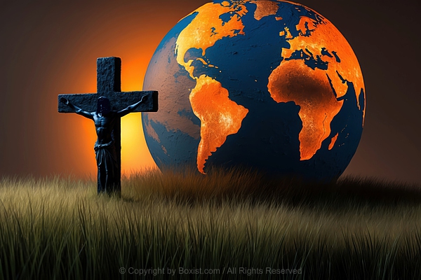 Symbolic Scene Depicting Jesus Silhouette Hanged On The Cross Against Large Globe And Grass
