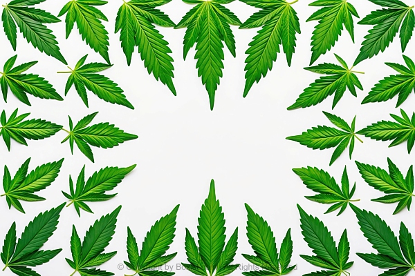 Border Composed Of Green Cannabis Leaves Arranged Symmetrically On White Background