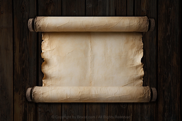 Rolled Aged Parchment Paper Scroll On Wooden Background