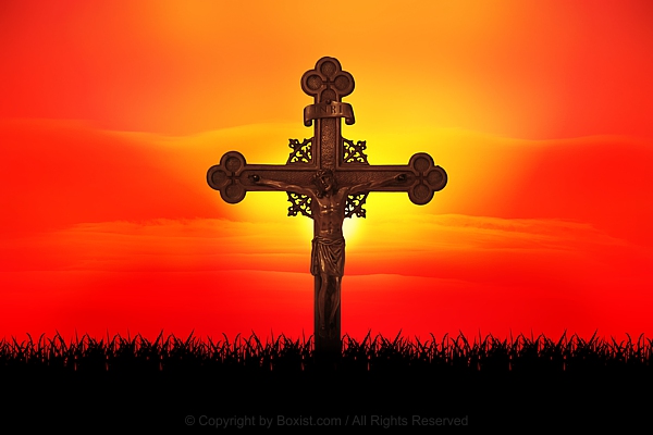 Silhouette of Antique Jesus Crucifixion Cross Against Sunset