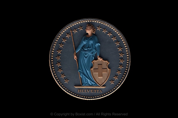 Helvetia With Spear And Shield On Two Swiss Francs Coin
