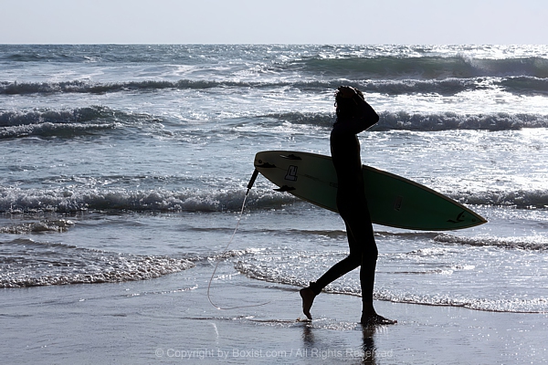 Surfer Silhouette Returning From Sea With Surfboard In Hand