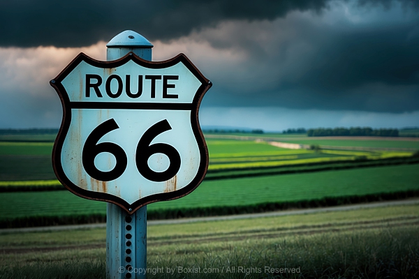 Route 66 Road Sign Mounted On Metallic Post Against Green Landscape Background