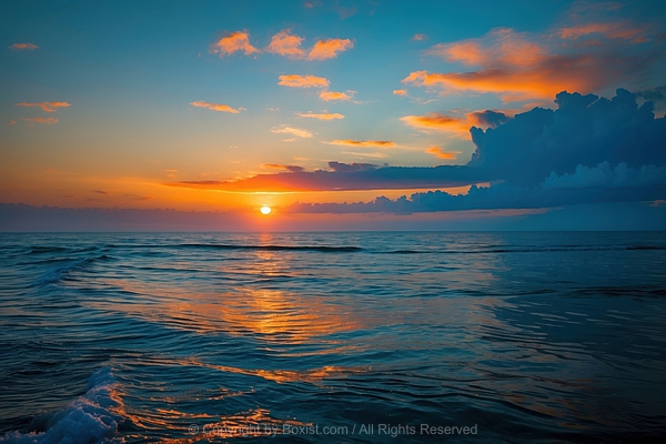 Sunset Over The Ocean With Warm Sunset Clouds