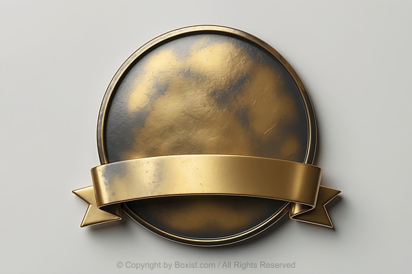 Brass Tone Patina Emblem With Ribbon Banner