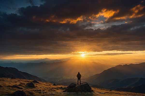 Man Standing On Large Rock And  Watching The Sunset With Mountains Landscape