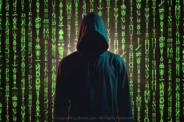 Silhouette Of Hooded Hacker Standing Against Green Digital Codes