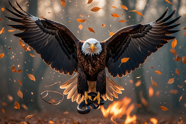 Bald Eagle With Snake Between With Fallen Leaves