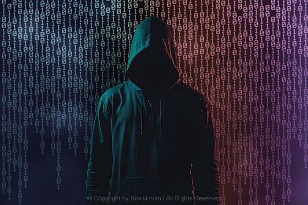 Hooded Hacker Silhouette Against Binary Background