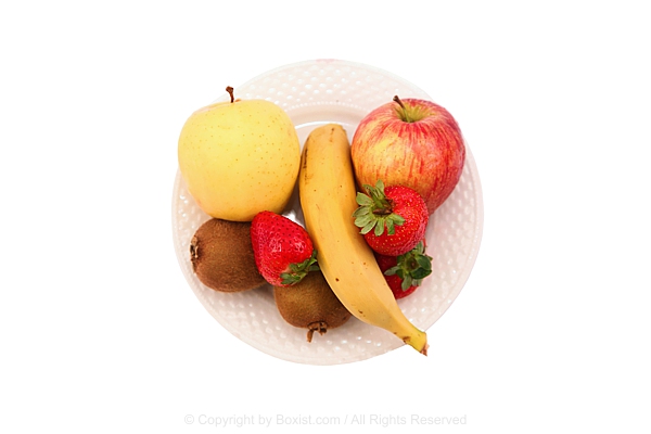 Plate Filled With Fresh Assortment Of Apple Banana Kiwi And Strawberry