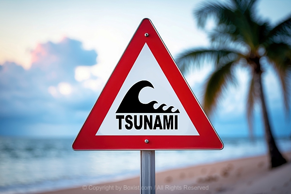 Tsunami Warning On Metal Triangular Sign Against Blurred Beach Background