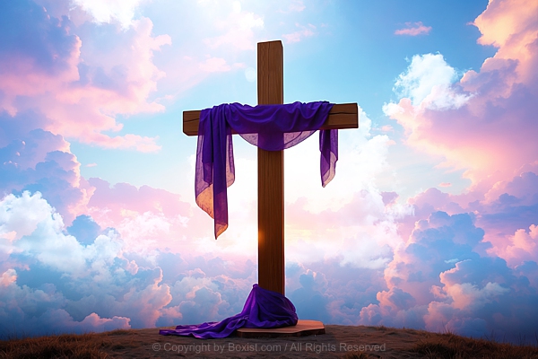 Wooden Cross With Purple Cloth Draped Against Beautiful Sky