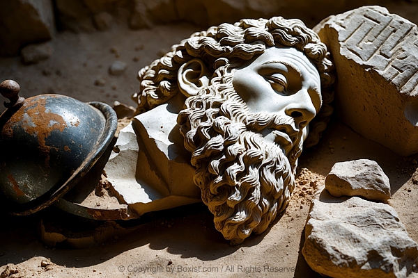 Weathered Stone Head Sculpture Fragment On The Ground
