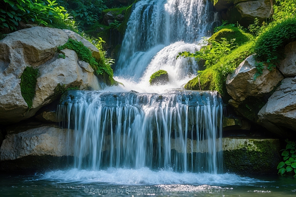 Small Natural Waterfall Cascading With Vibrant Greenery Surrounding