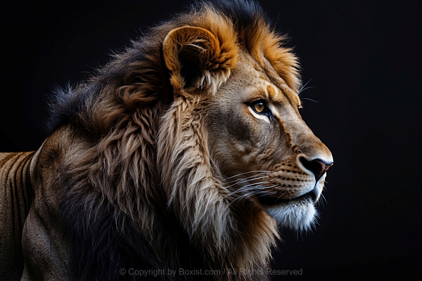 African Male Lion Against Black Background