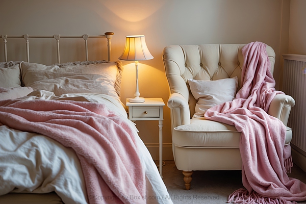 Bedroom With Seat Next To The Bed Draped With Blanket