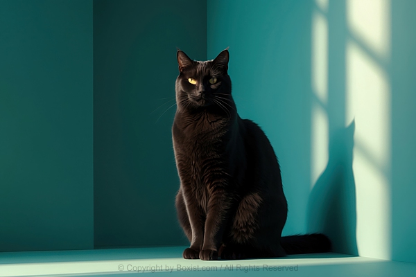 Black Cat Sits Against Teal Wall