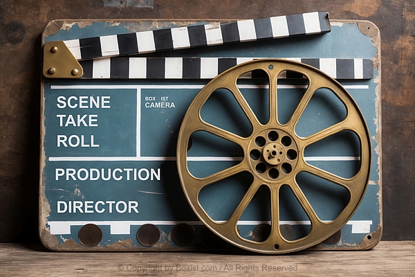 Worn Blank Clapperboard With Film Reel