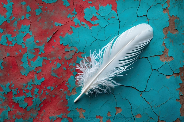 White Feather On Cracked Red And Turquoise Painted Texture