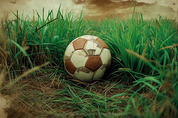 Worn Soccer Ball Lying On Grass