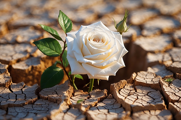 White Rose Emerging Through Cracked Mud