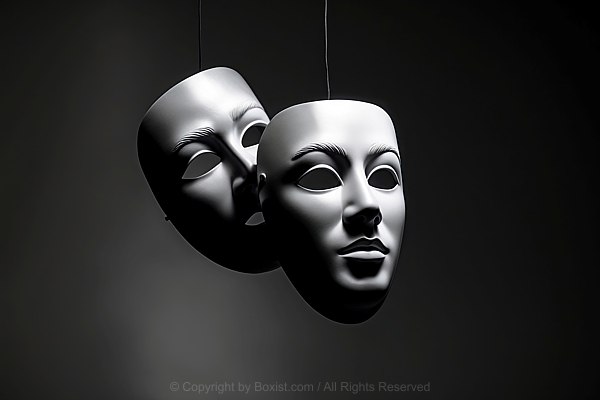 Two Classical Theater Masks Suspended Against Dark Background