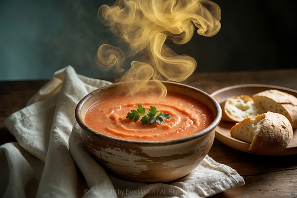 Warmed Bowl Bisque Rests On Soft Linen Napkin With Crusty Artisanal Bread