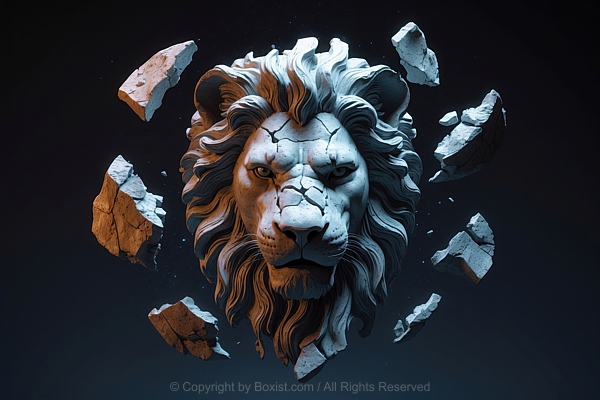 Lion Head Statue Shattered Into Several Pieces 3D Design