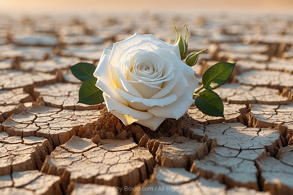 White Rose Emerging Through Cracked Dry Earth