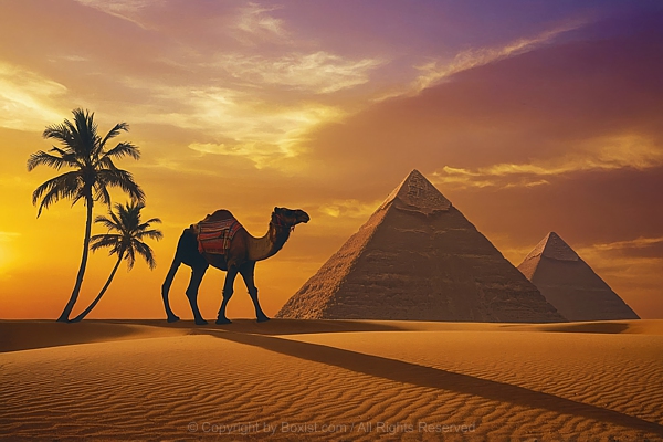 Camel In The Desert By The Pyramid At Sunset With Palm Trees