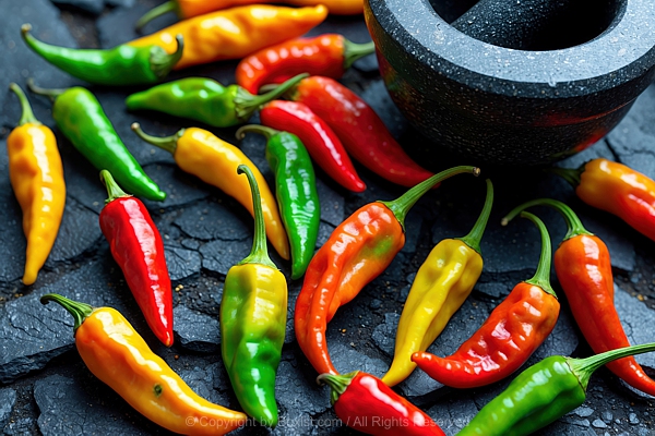 Colored Chili Peppers Next To Traditional Stone Mortar