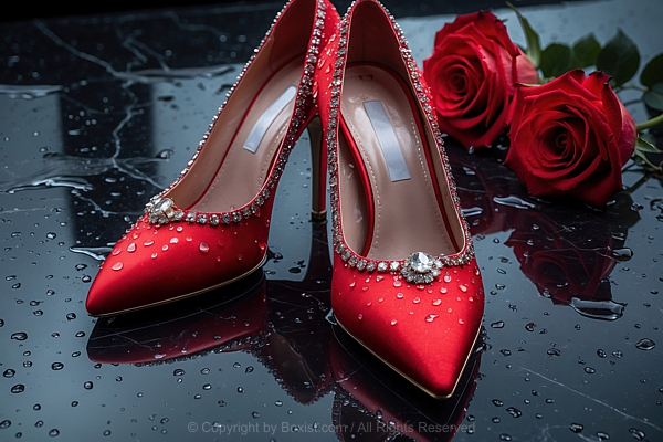 Red High Heel Shoes With Sparkling Embellishments On Wet Marble