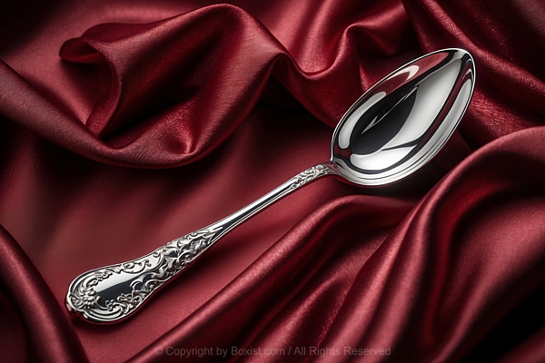 Single Silver Spoon On Red Fabric Satin
