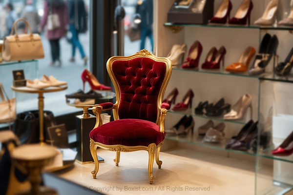 Stylish Red And Golden Antique Chair In Shoes Shop