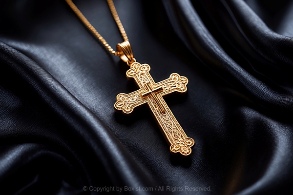 Elegant Gold Cross Pendant On Black Satin