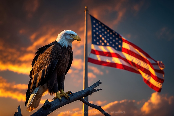 Majestic Bald Eagle Perched On A Dry Branch Firmly With American Flag At Sunset