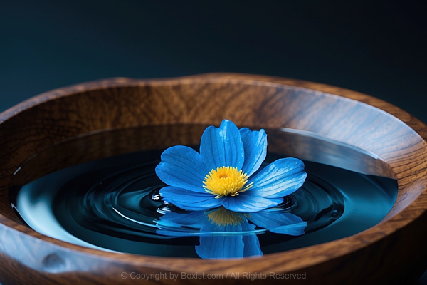 Blue Flower Floating Inside Wooden Bowl Filled With Water
