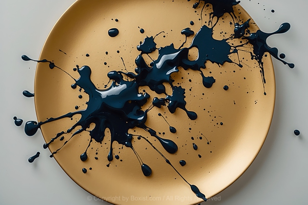 Black Ink Splatter On Golden Plate