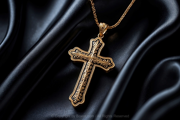 Cross Shaped Pendant On Shining Black Satin Background