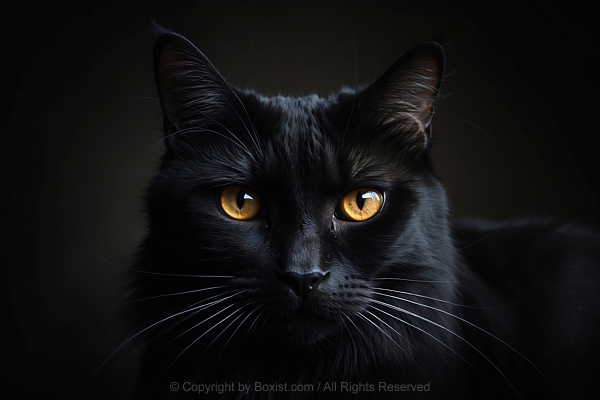 Closeup Portrait Of Black Cat With Striking Amber Eyes