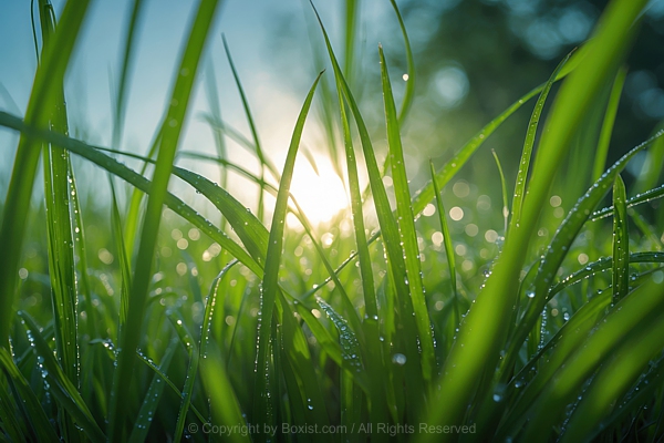 Closeup With Shiny Blur Of Wet Grass In The Warm Sun Light