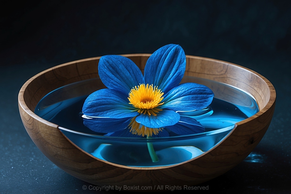 Blue Flower With Delicate Petals Floats On The Surface Wooden Bowl