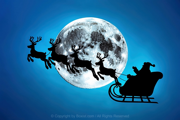 Christmas Scene Depicting Santa Claus In Sleigh Pulled By Reindeer