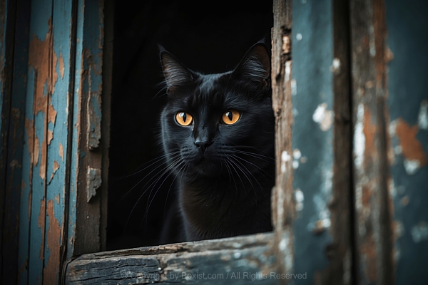 Black Cat Looking Out Of Old Wooden Window
