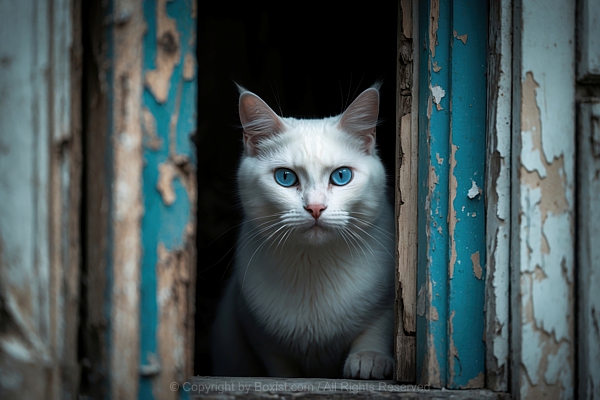 White Cat With Blue Eyes Inside Weathered Wooden Window