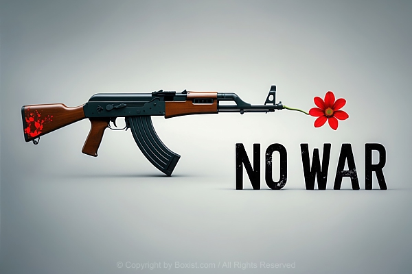 Assault Rifle Of Ak47 With Red Flower From The Barrel