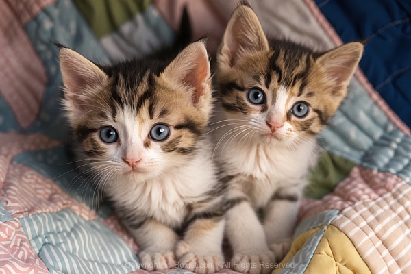 Two Small Tabby Kittens Sitting On Patterned Quilt