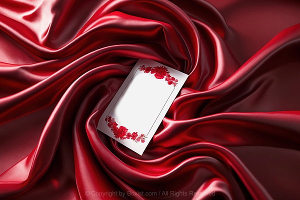 Red Silk Fabric Flows In Spirals With Blank Wedding Invitation In The Center
